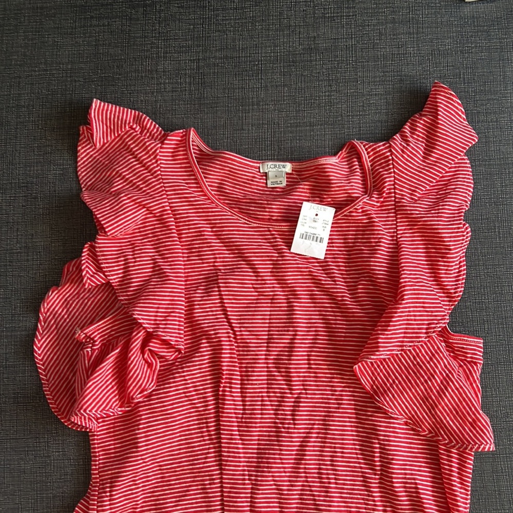 NWT J. crew red Striped ruffle-shoulder dress - Picture 3 of 6